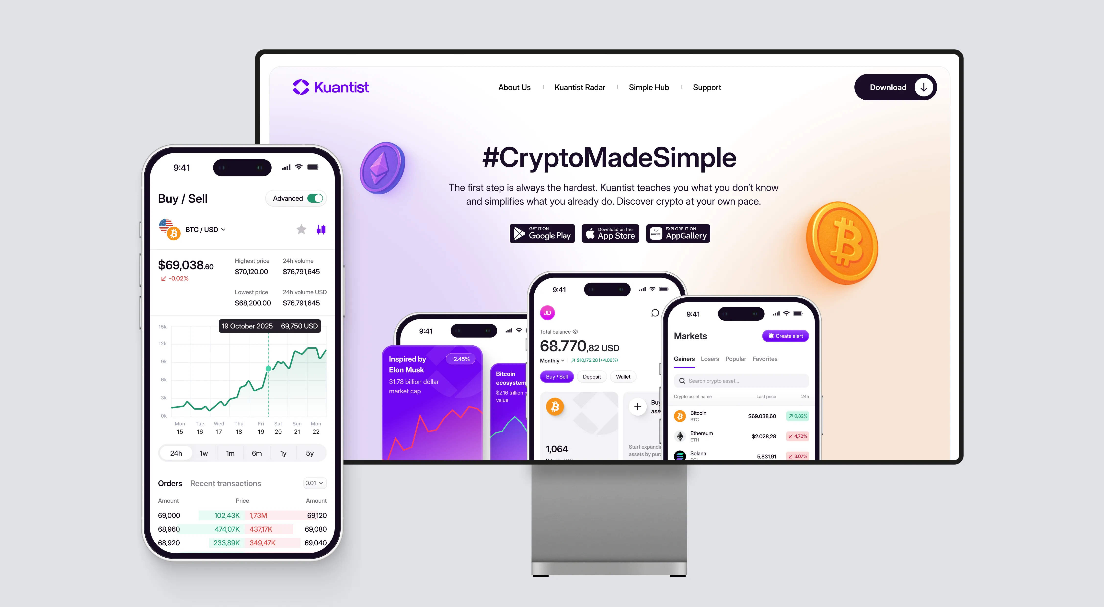 Kuantist crypto mobile app and web landing page design displayed on smartphone and desktop screens.