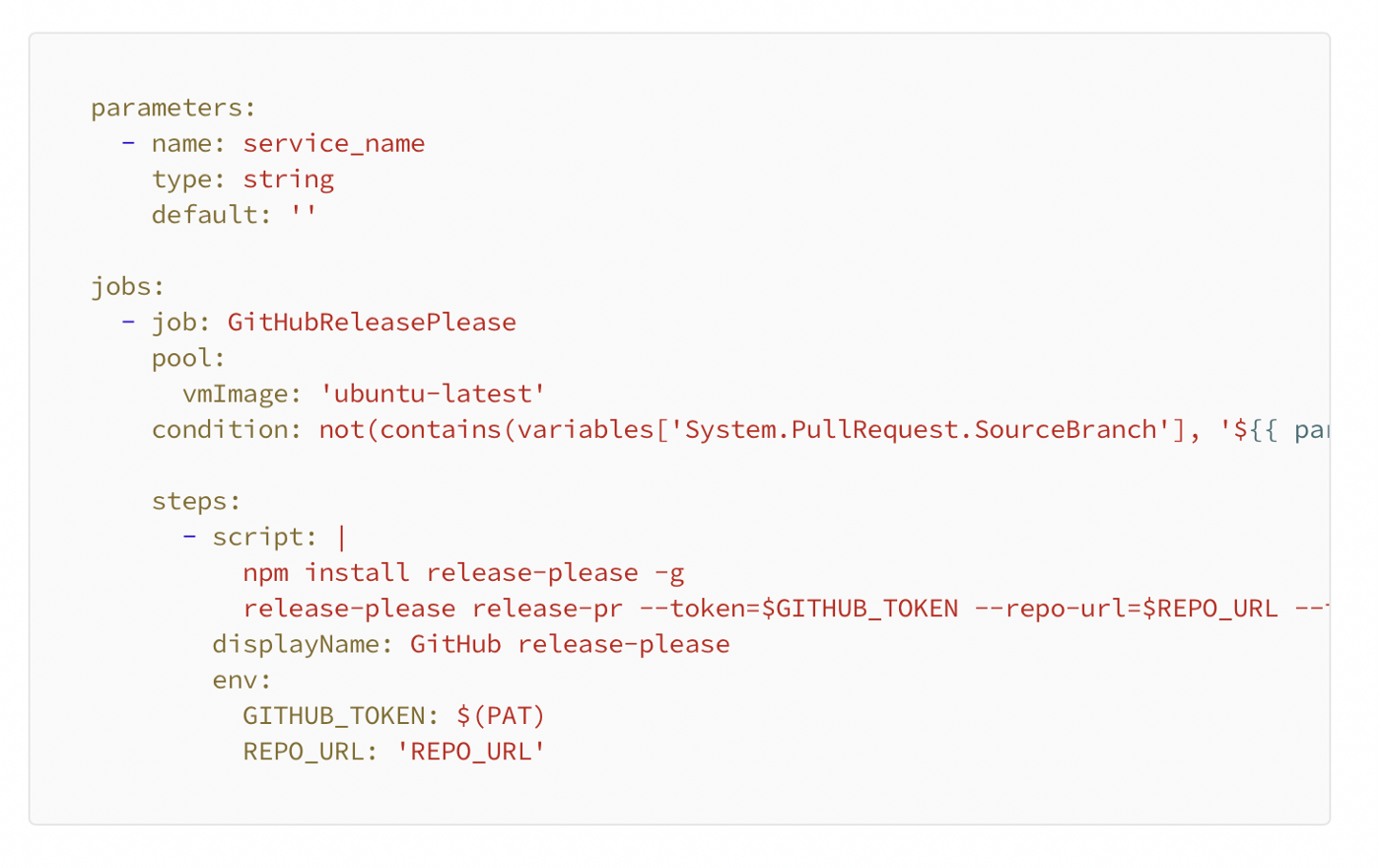 The real release.yaml in Azure Pipelines, featuring the Repo-url and the GitHub token.