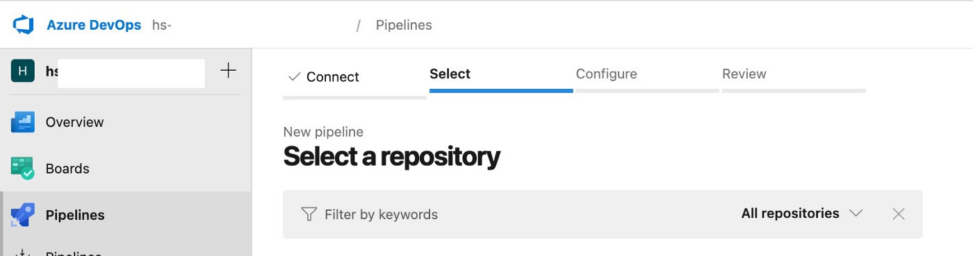 Selecting a repository under the Select section of the Pipelines tab in Azure DevOps.