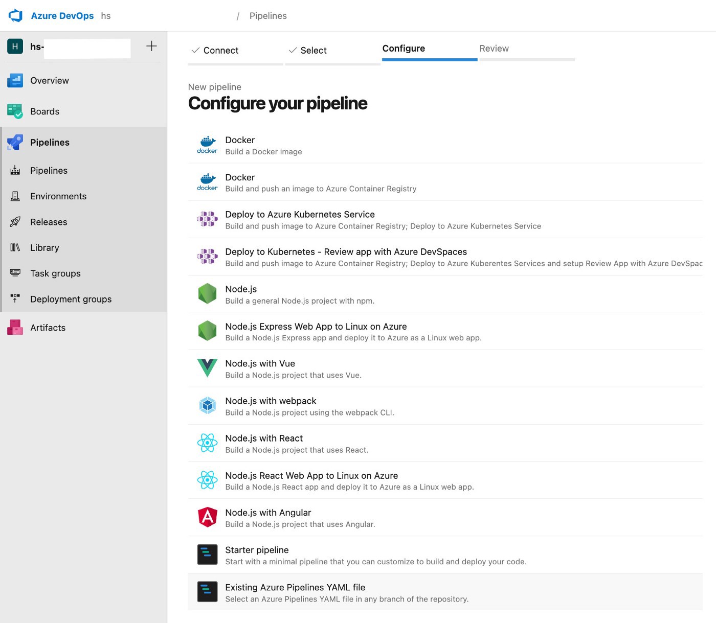 Configuring your pipeline under the Configure section of the Pipelines tab in Azure DevOps.