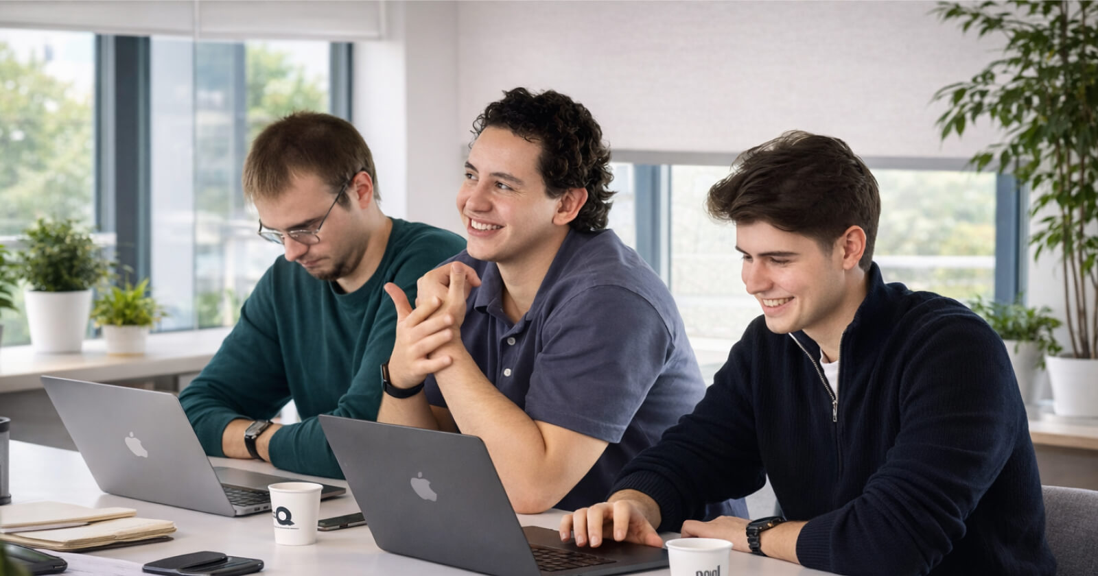 Team members collaborating on laptops during a Next Talent 2 working session.