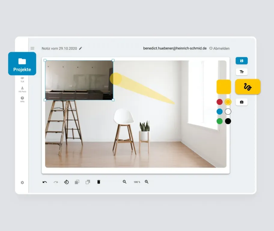 A digital platform showing an open project folder with a minimalist design, featuring a workspace and an annotation tool.