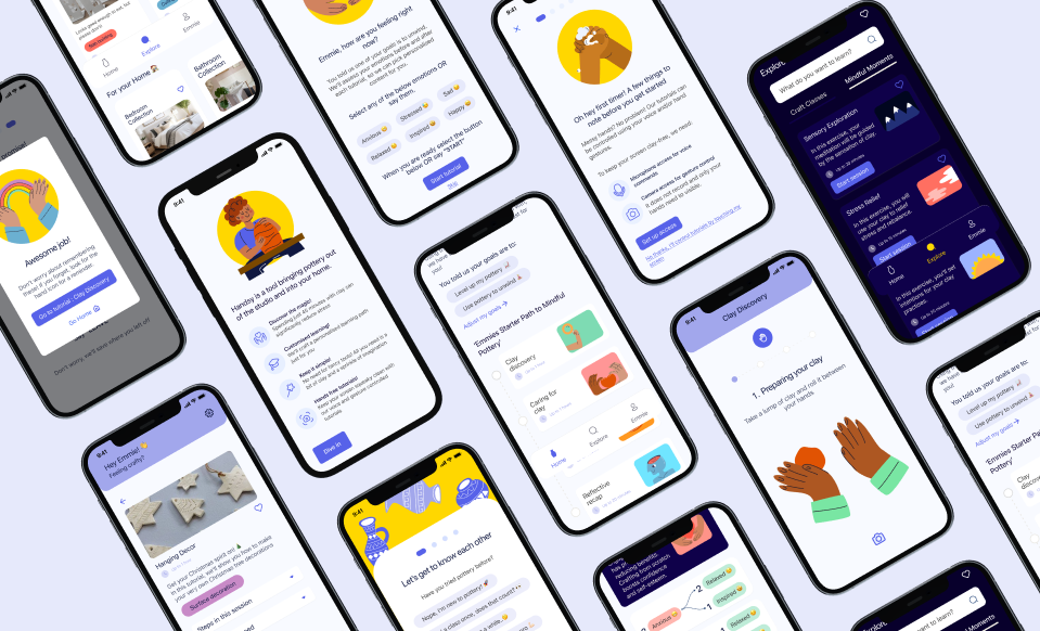 Multiple smartphones displaying various screens of a pottery crafting and learning app featuring tutorials, progress tracking, emotional check-ins, and discovery options.