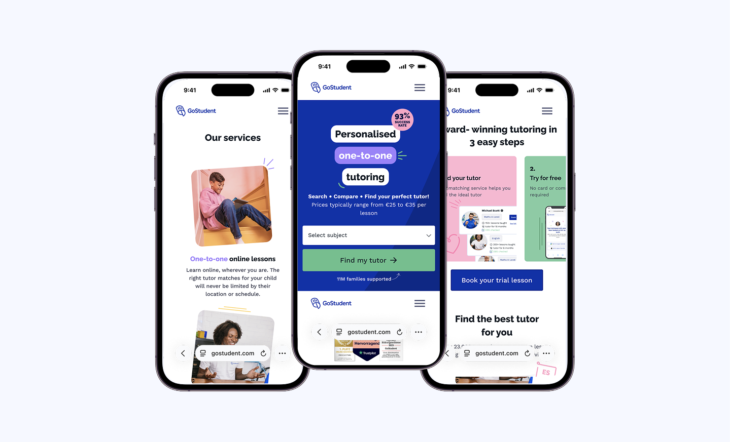 Three smartphones displaying GoStudent tutoring app screens, including services, personalized one-to-one tutoring, and trial lesson booking.