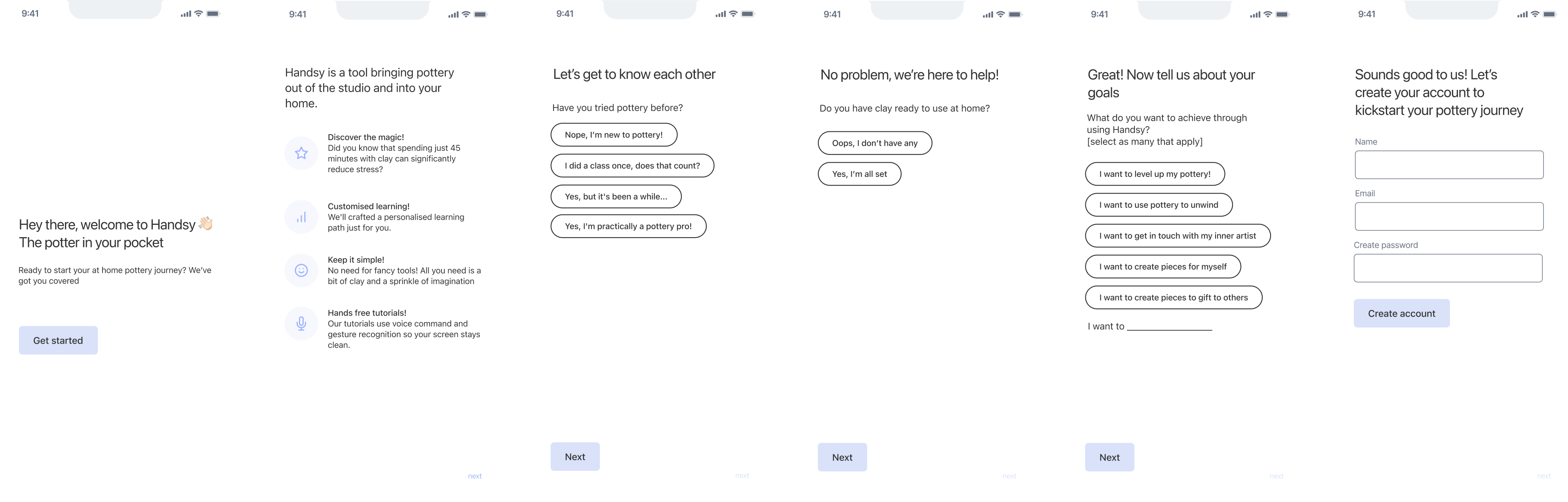 Onboarding screens for Handsy pottery app showing welcome, features, experience questions, clay availability, goals selection, and account creation form.
