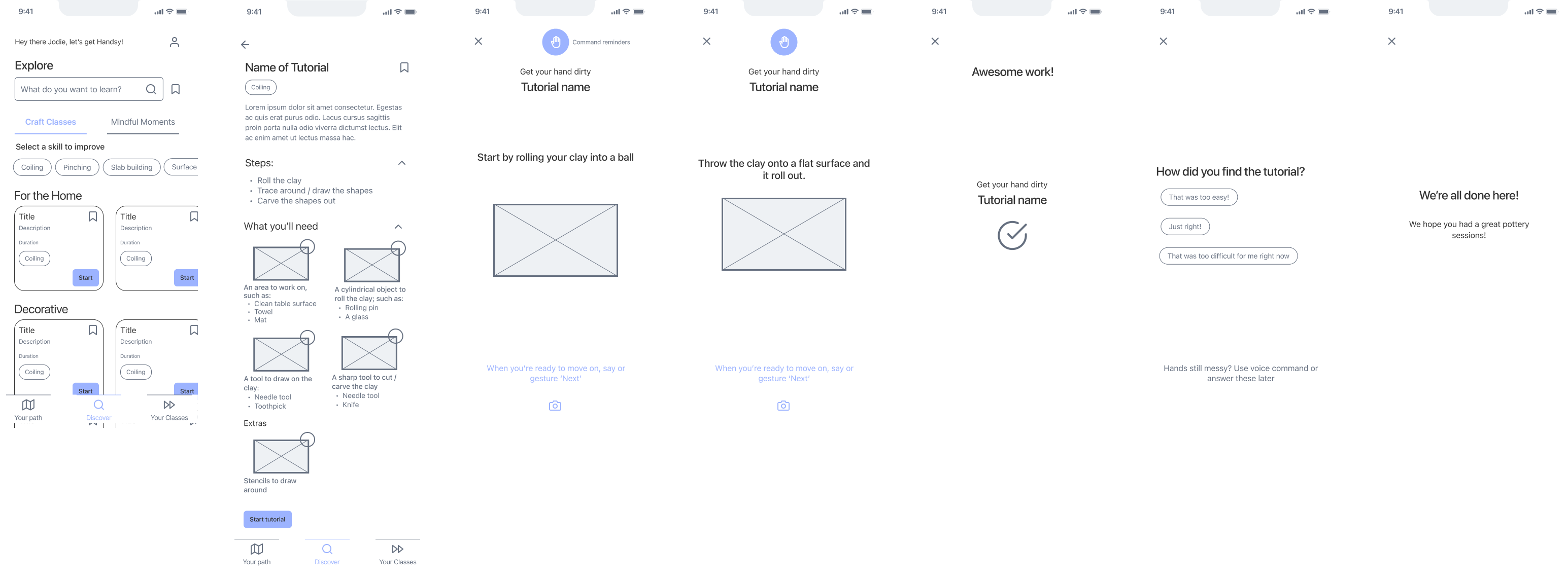 Mobile app screens showing a pottery tutorial flow including skill selection, tutorial details, step-by-step instructions for coiling clay, completion confirmation, feedback request, and final congratulations.