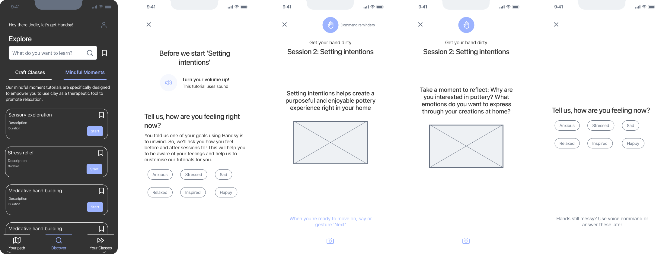 Mobile app screens showing mindfulness tutorial flow: explore page with learning categories, feeling check-in before starting 'Setting intentions' session, session introduction with purpose message, reflection prompt about pottery and emotions, and post-session feeling check.