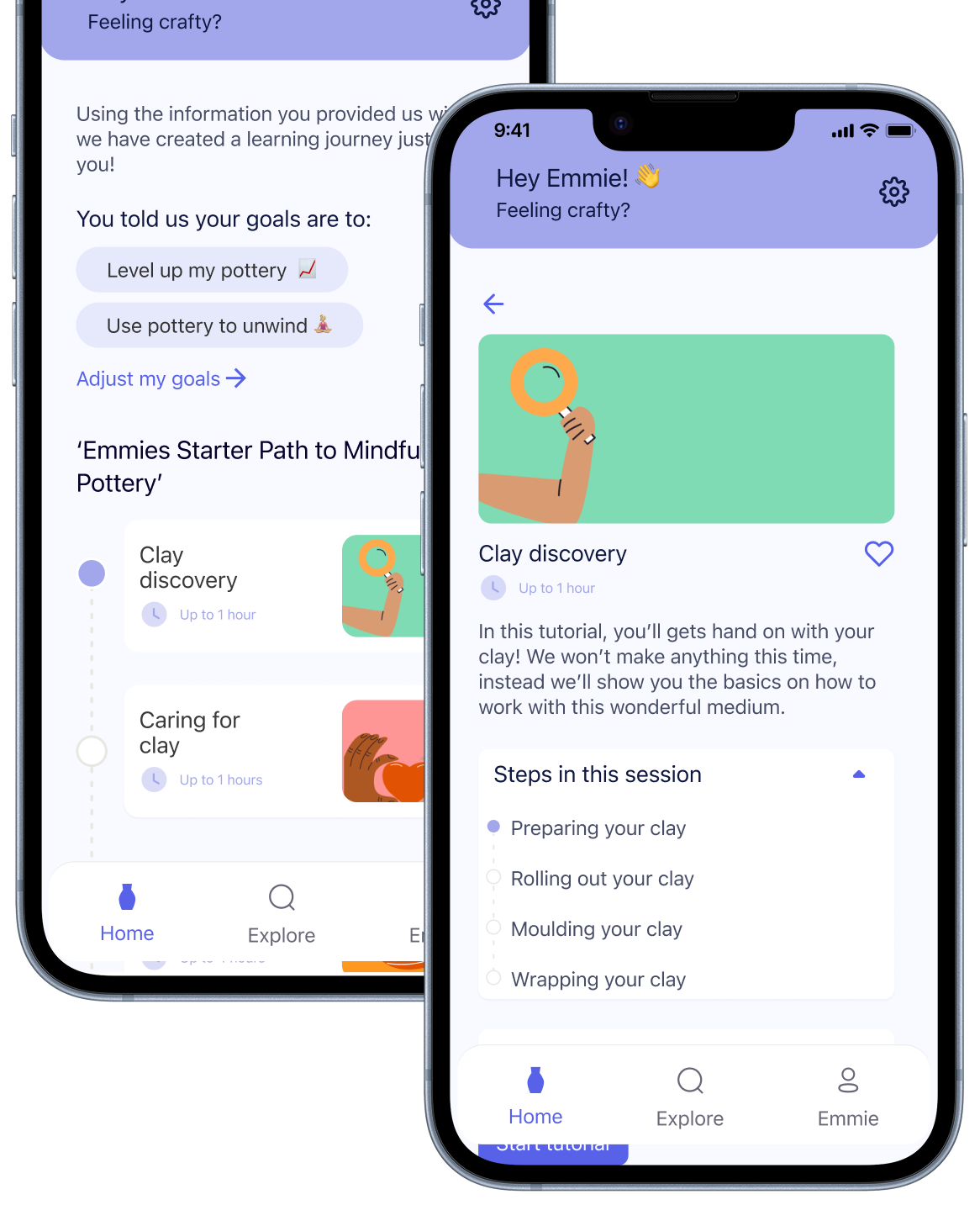 Mobile app screen showing a personalized pottery learning path with a tutorial titled 'Clay discovery' including steps like preparing, rolling out, moulding, and wrapping clay.