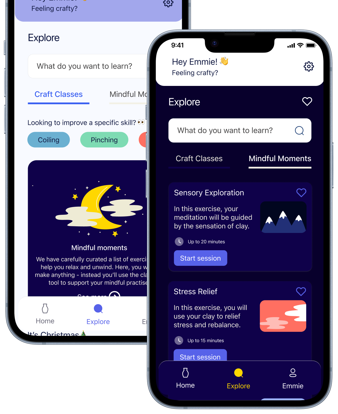 Two smartphone screens showing a craft and mindfulness app interface with search bar, craft classes, and mindful moments sessions.
