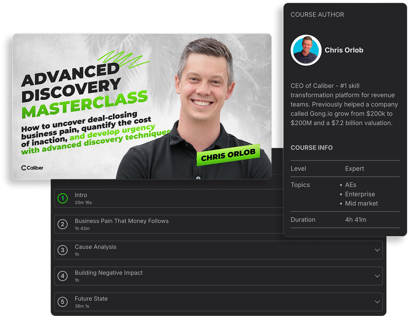 Promotional graphic for SaaS Discovery Masterclass by Chris Orlob, featuring course details, table of contents, and duration of 4 hours 42 minutes.