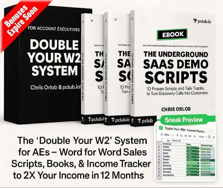 Book and ebook covers titled 'Double Your W2 System' and 'The Underground SaaS Demo Scripts' with a note about doubling income in 12 months, plus a sneak preview of income tracker software.