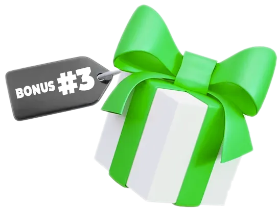White gift box wrapped with a green ribbon and bow, with a black tag reading 'BONUS #3'.