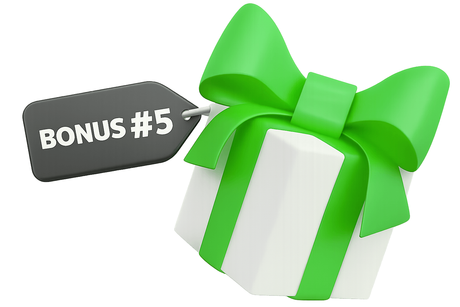 White gift box with a large green ribbon and bow, attached to a black tag reading 'BONUS #5'.