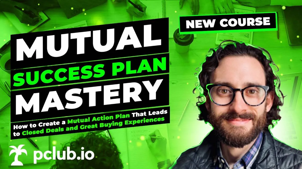 Promotional image for a new course titled 'Mutual Success Plan Mastery' with a smiling man wearing glasses and a beard on a green background featuring workspace elements.
