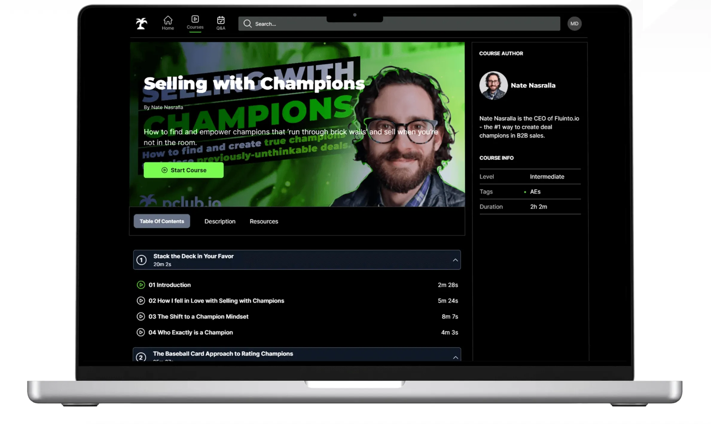 Laptop screen showing an online course titled 'Selling with Champions' by Nate Nasralla, with a course outline and author info on the right.