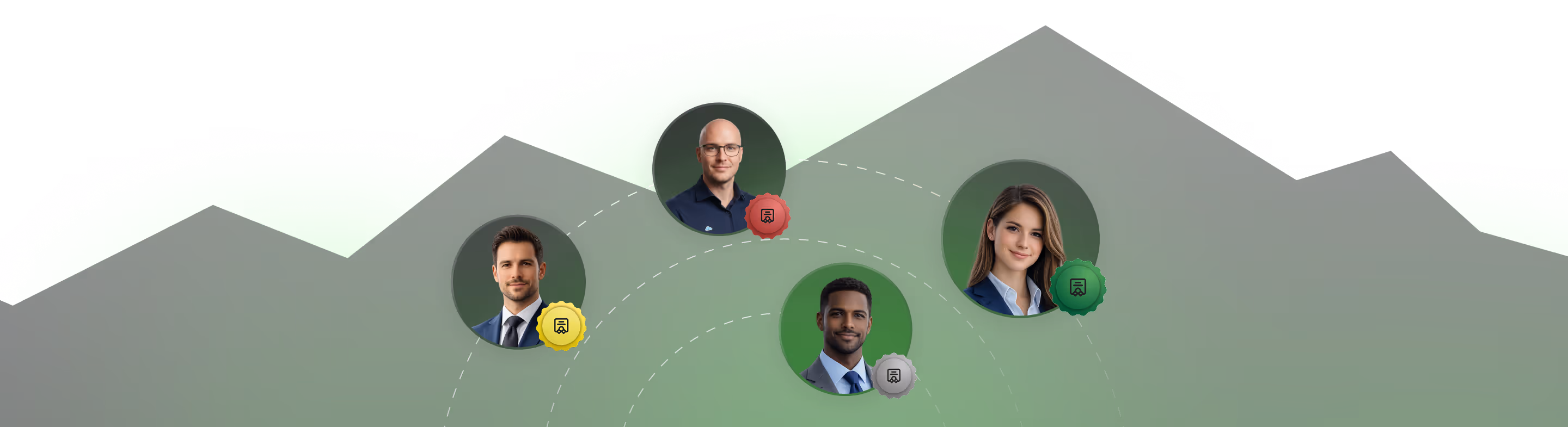 Four professional headshots of diverse business people connected by dotted lines with colored badge icons on a green abstract mountain background.