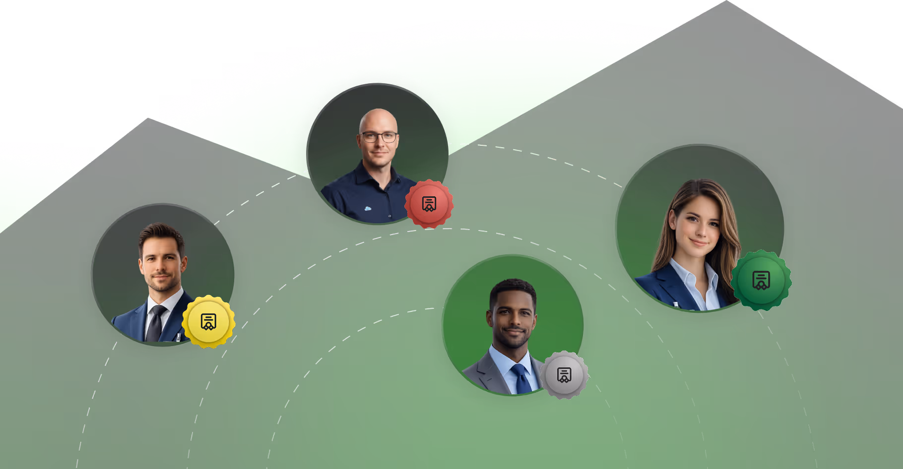 Four professional headshots of diverse individuals in circular frames connected by dotted lines on a green gradient background with medal icons.