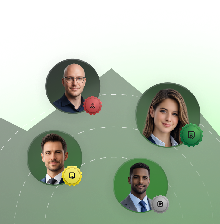 Four professional headshots of diverse young businesspeople connected by dotted lines, each with a colored badge icon.