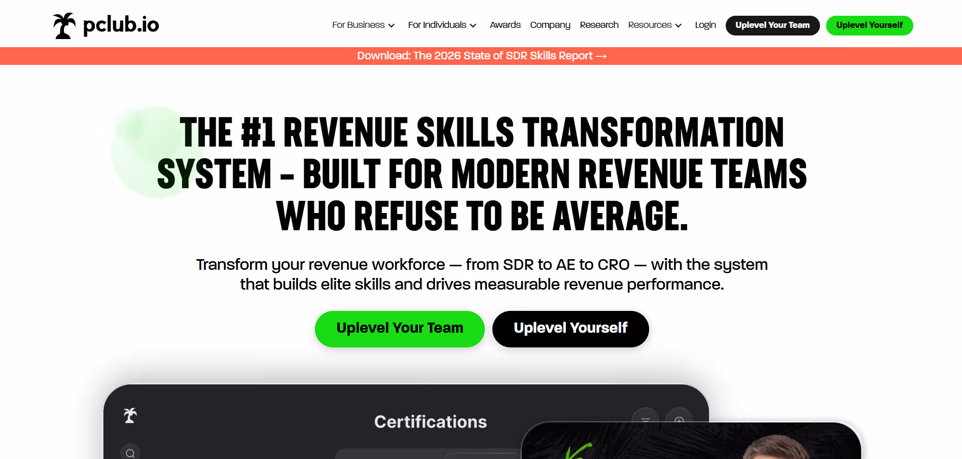 Pclub website hero section homepage highlighting revenue skills transformation system for modern revenue teams.