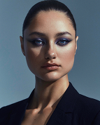 a woman with dark hair and blue eyes