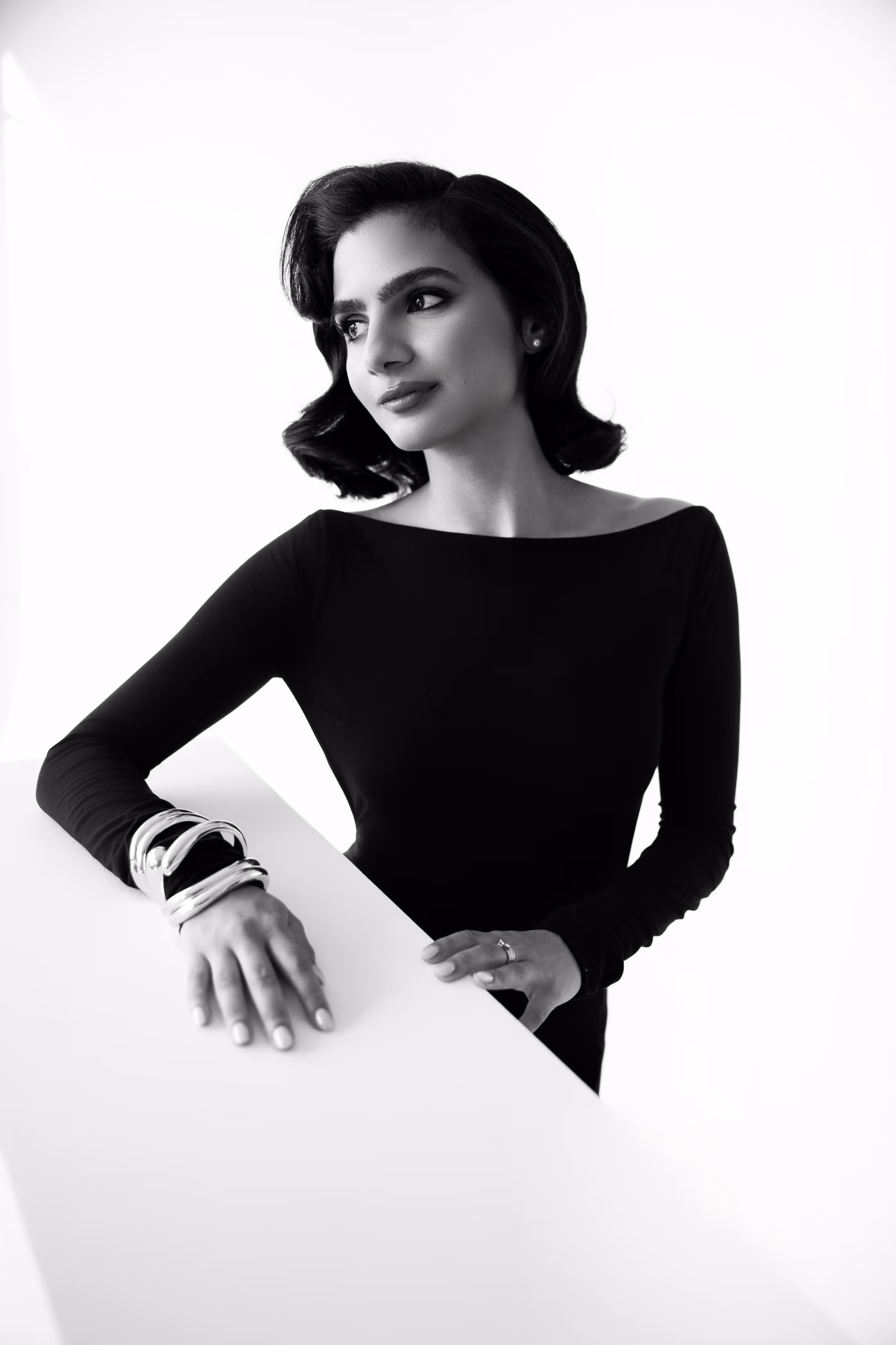a woman in a black dress