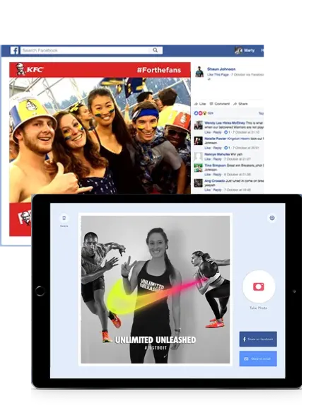 Tablet screen with a fitness app showing athletes and text Unlimited Unleashed #JustDoIt.