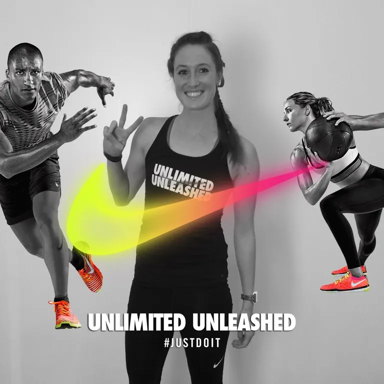 Athletes in black and white with neon orange Nike shoes and swoosh, text Unlimited Unleashed #JustDoIt.