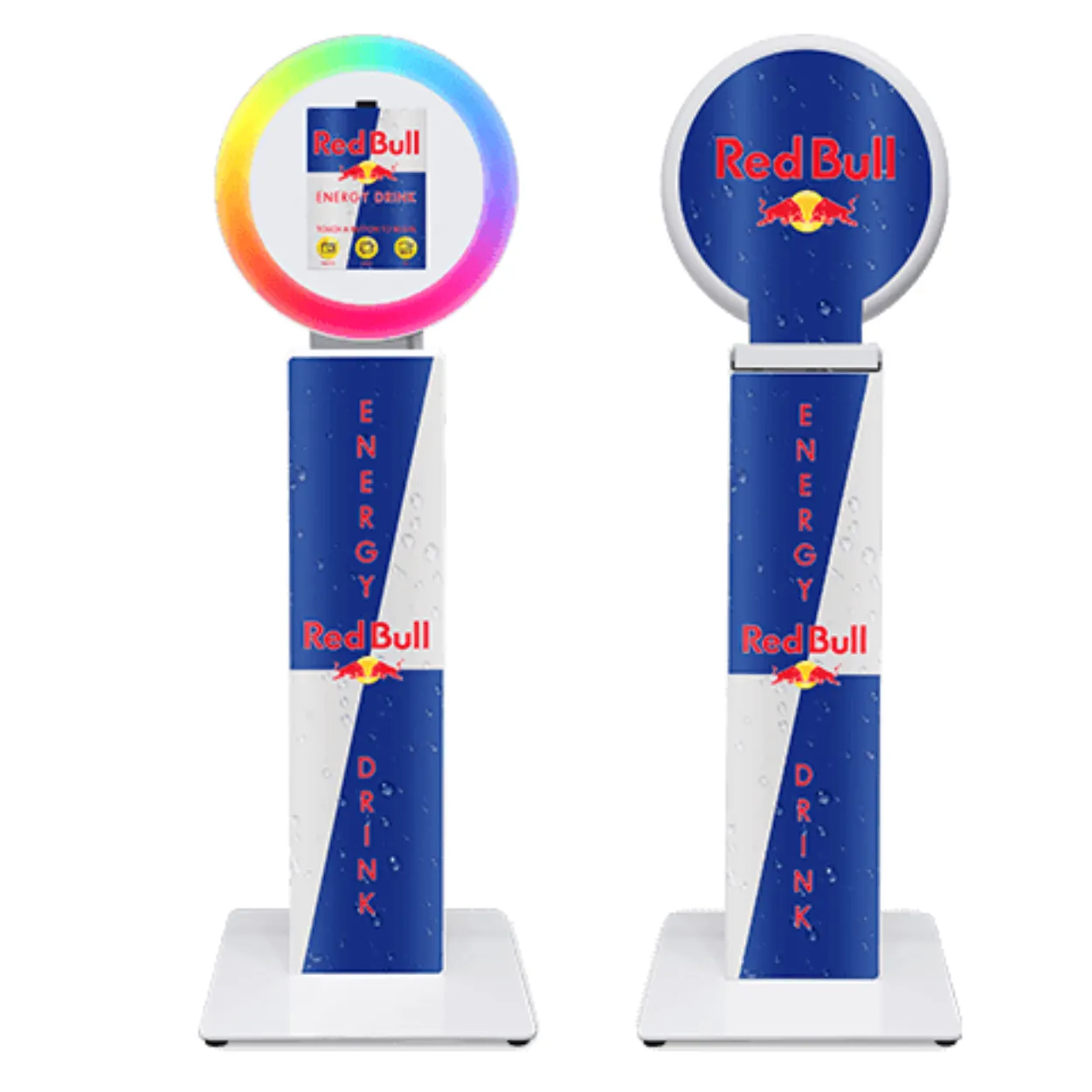 Two Red Bull energy drink branded display stands with blue and white design and logos.
