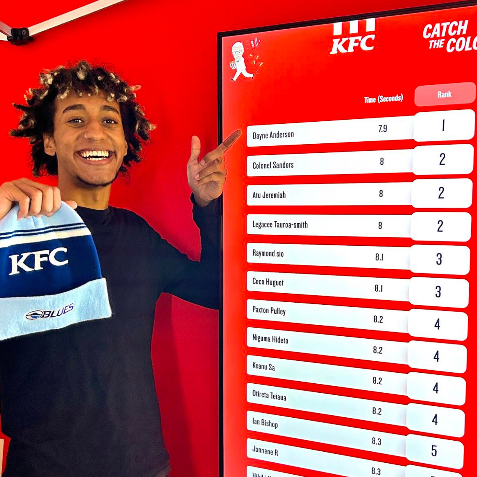Smiling man holding KFC Blues beanie points to leaderboard showing race times and ranks.