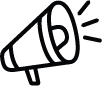 Black line icon of a megaphone with sound lines indicating speech or announcement.