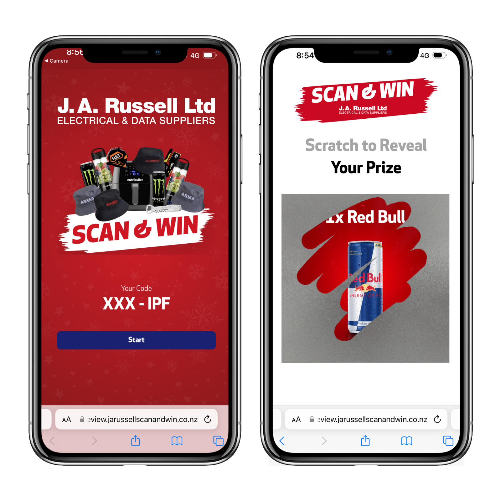 Two phones with J.A. Russell Ltd scan and win promotion; prize revealed is a Red Bull can.