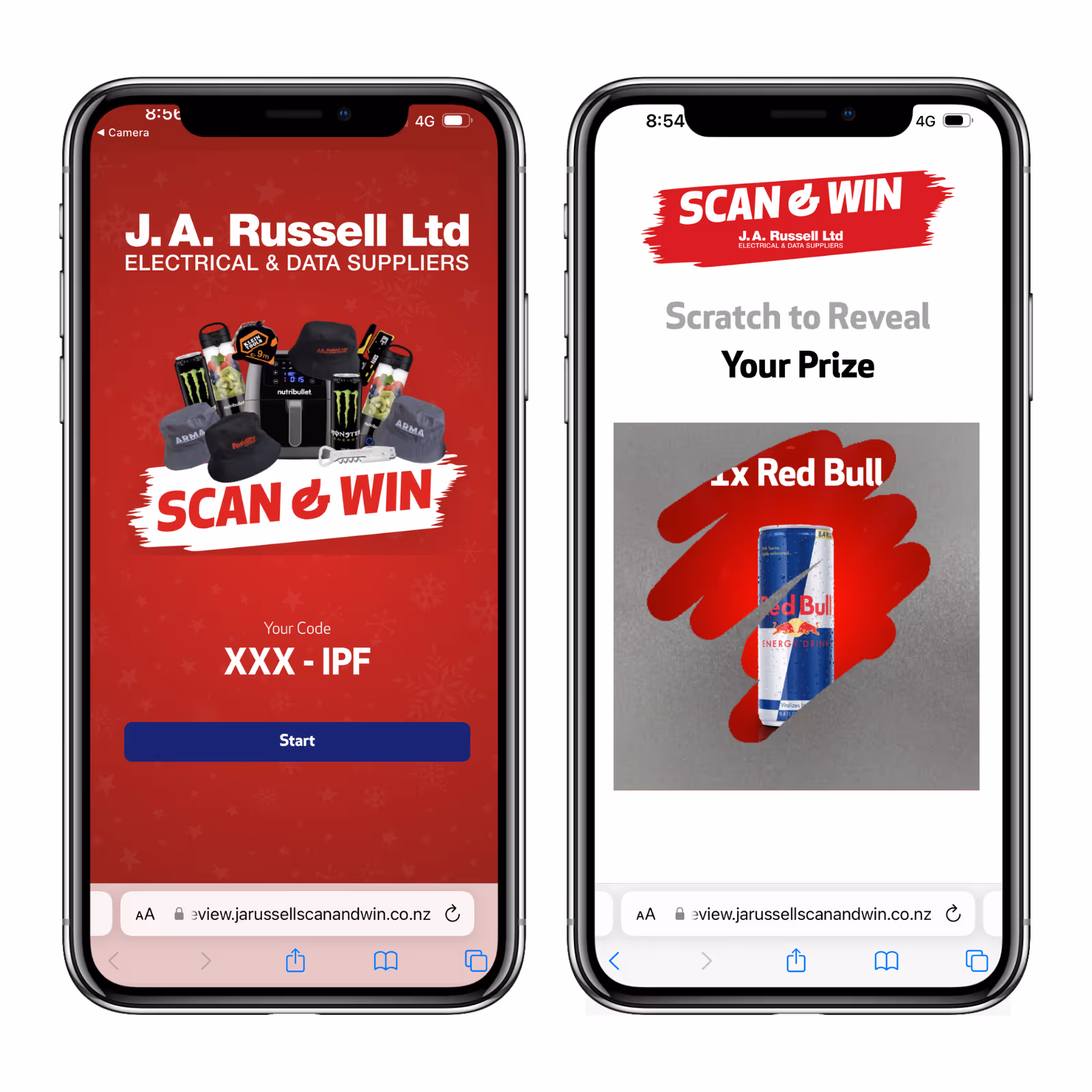 Two smartphones display J.A. Russell Ltd's Scan & Win promotion with scratch-to-reveal prizes including Red Bull.