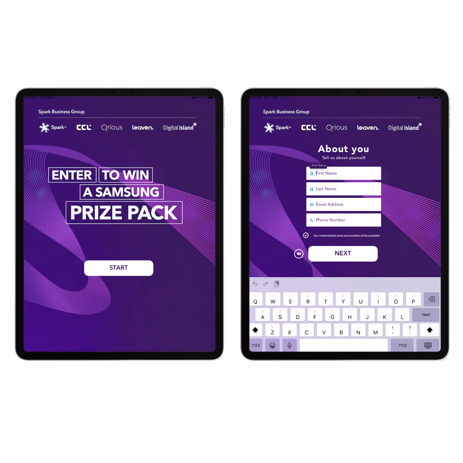 Two tablets showing a purple Samsung prize pack contest: start screen and form with fields for name, email, phone.