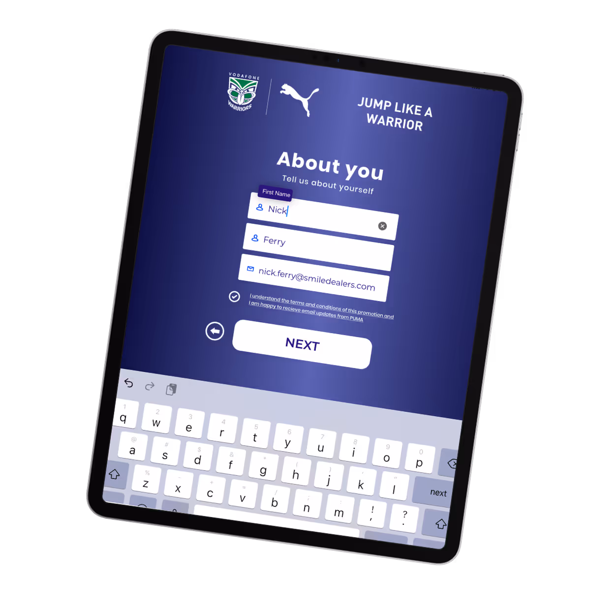 Tablet showing signup page for Vodafone Warriors and Puma with fields for name, email, and a Next button.