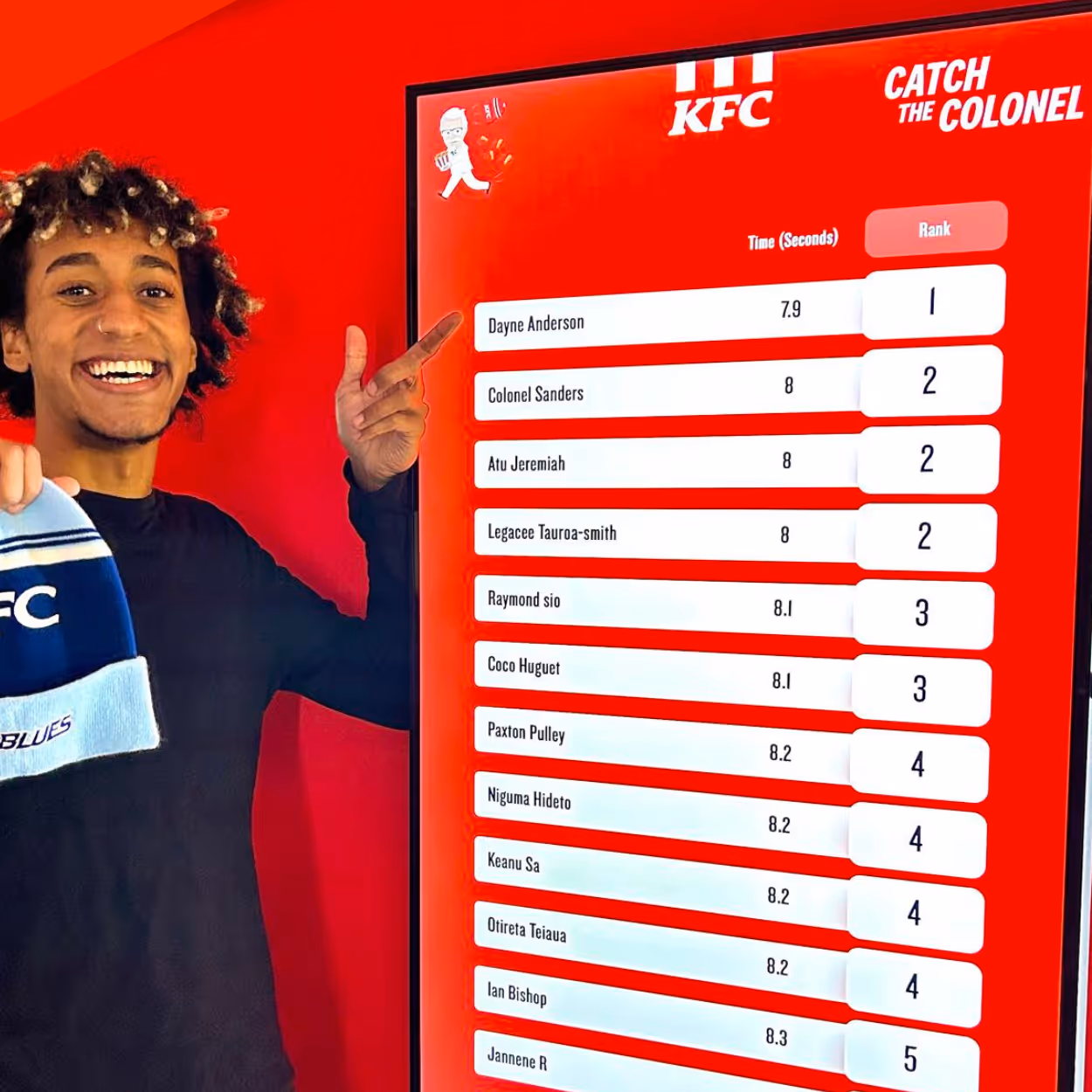 Smiling man points to a leaderboard on a KFC 'Catch the Colonel' game with names, times, and ranks.