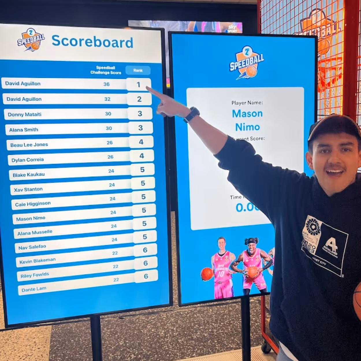 Man pointing at scoreboard showing David Aguillon ranked first with a score of 36 in Speedball challenge.