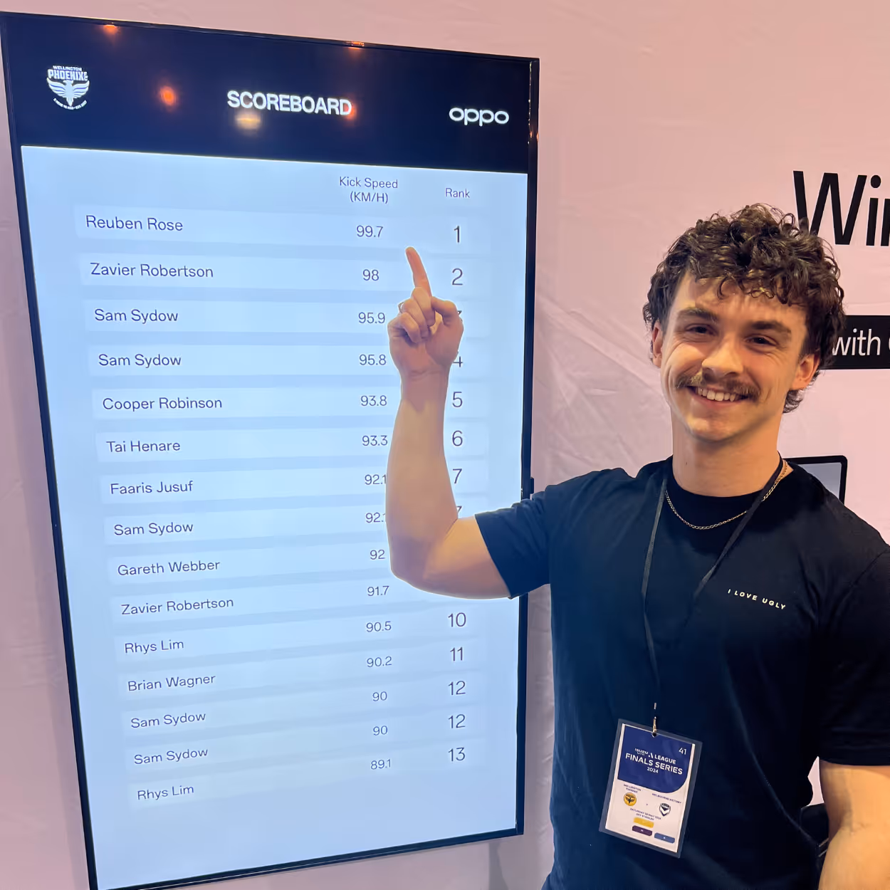 Smiling man pointing to scoreboard showing Reuben Rose ranked 1st with kick speed 99.7 km/h.