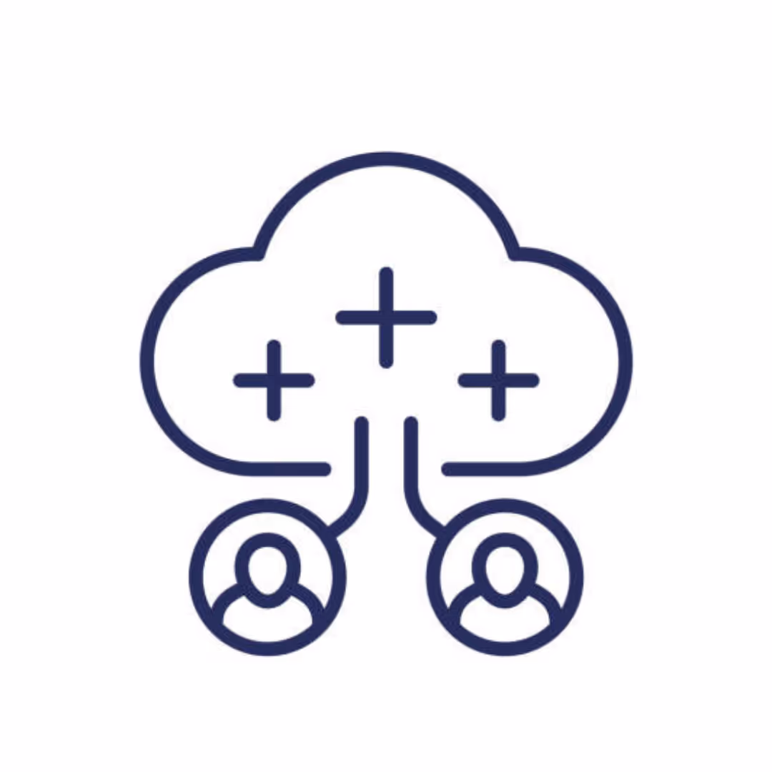 Cloud with plus signs connected to two user icons, symbolizing shared or cloud collaboration.