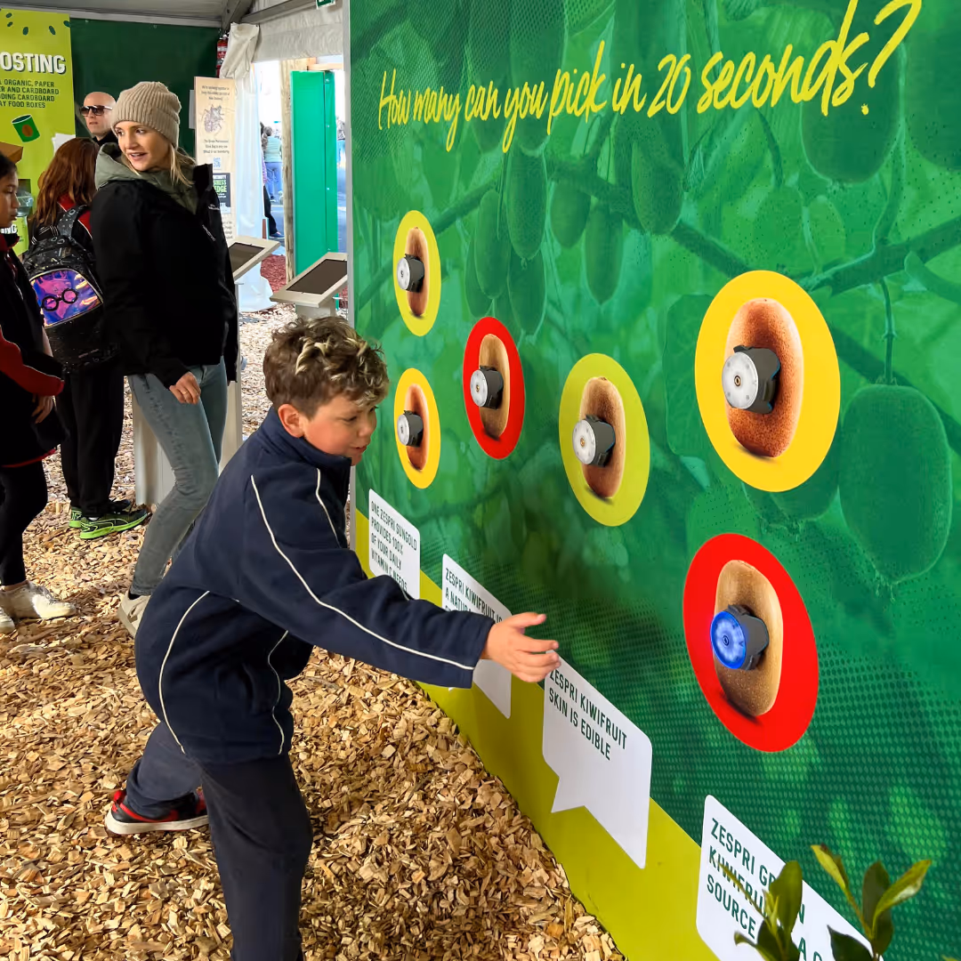 Boy reaching to touch a game board with kiwi fruit images and people watching inside a tent.