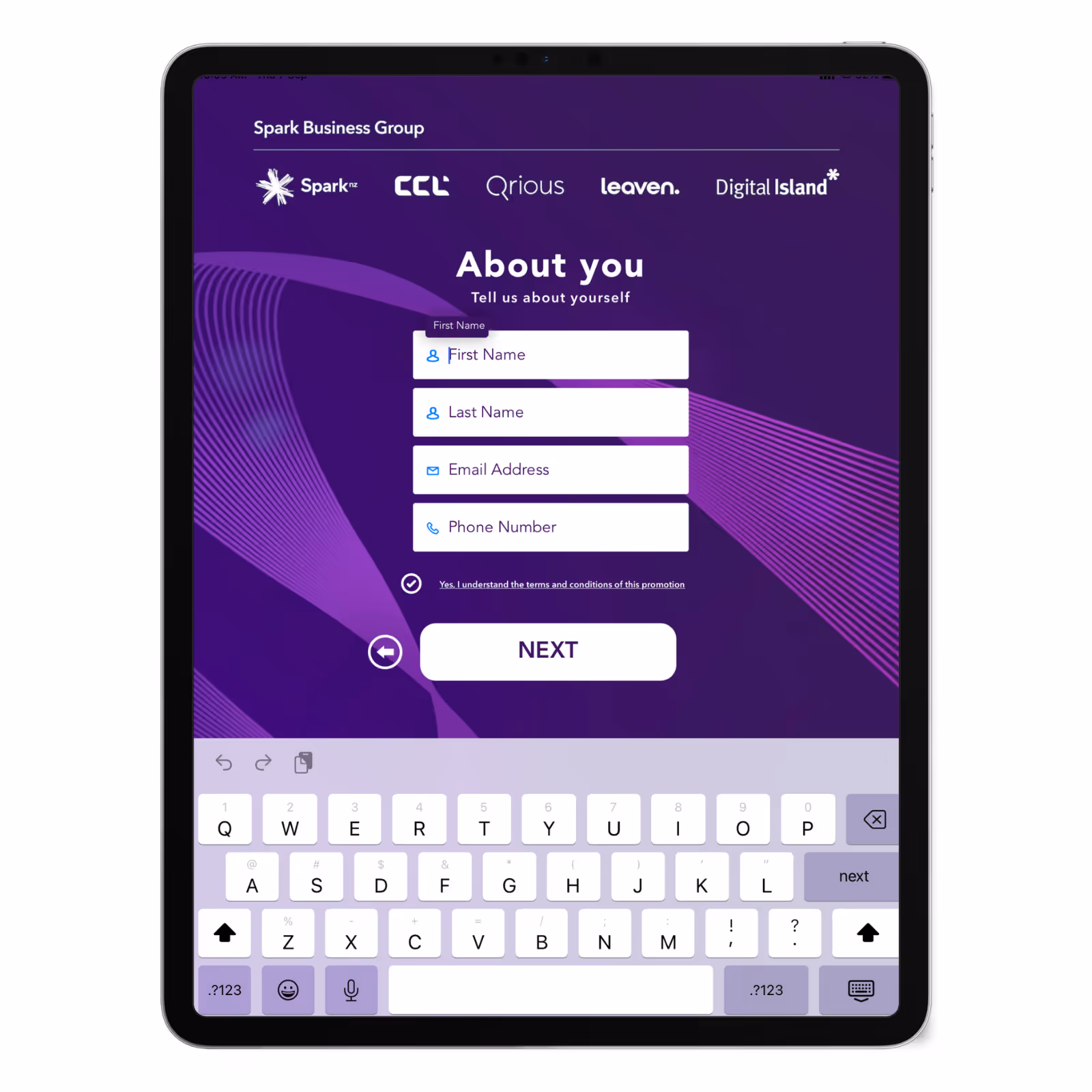 Tablet screen showing a Spark Business Group form to enter first name, last name, email, and phone number.