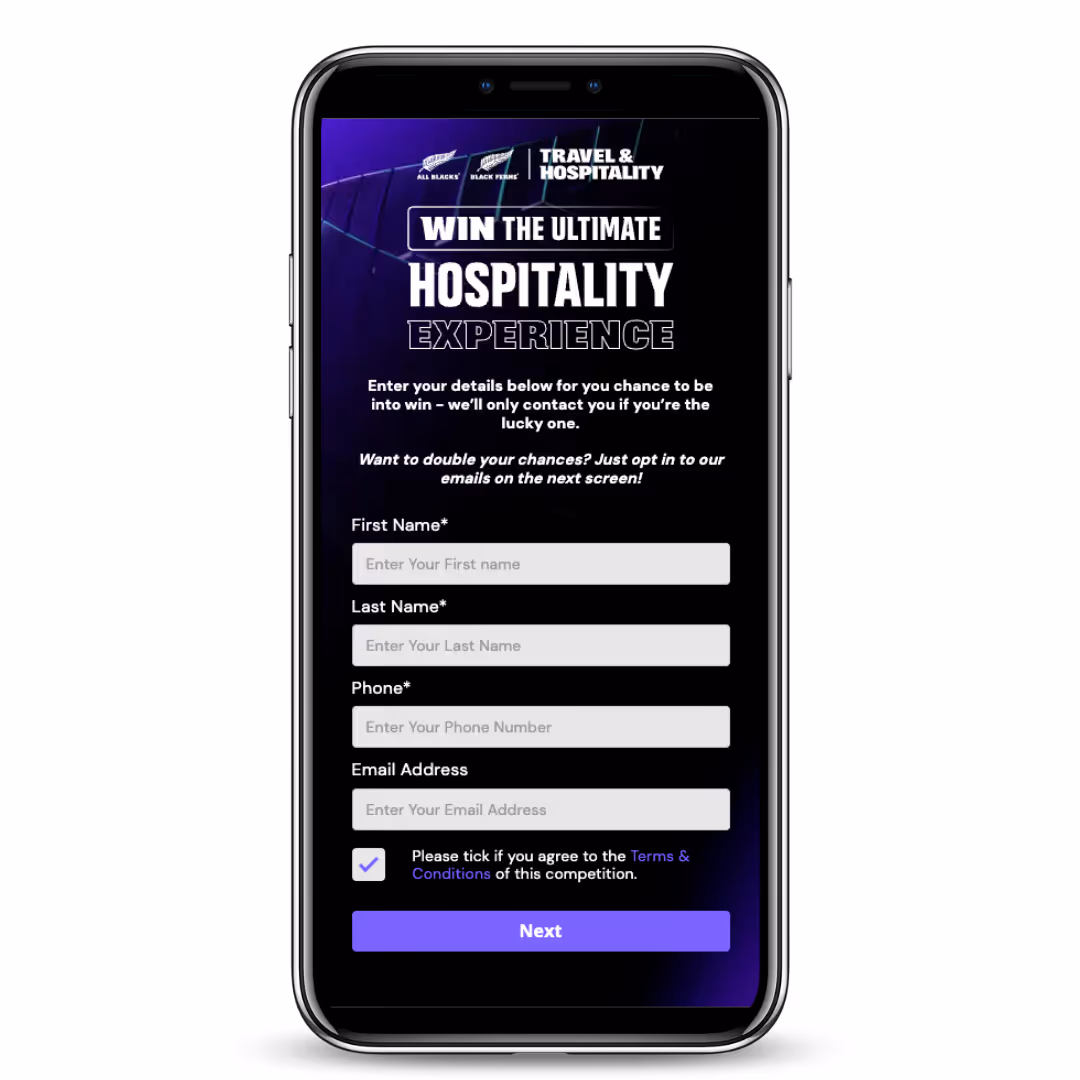 Smartphone screen showing a contest form to win the ultimate hospitality experience with name, phone, and email fields.