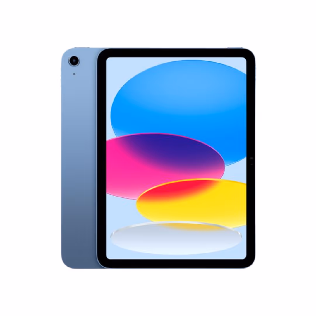 Front and back view of a blue tablet with colorful abstract shapes on the screen.