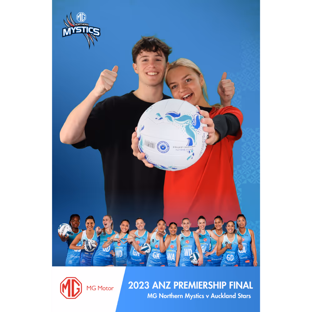 Two smiling fans holding a netball give thumbs up above the MG Northern Mystics team lineup in blue.