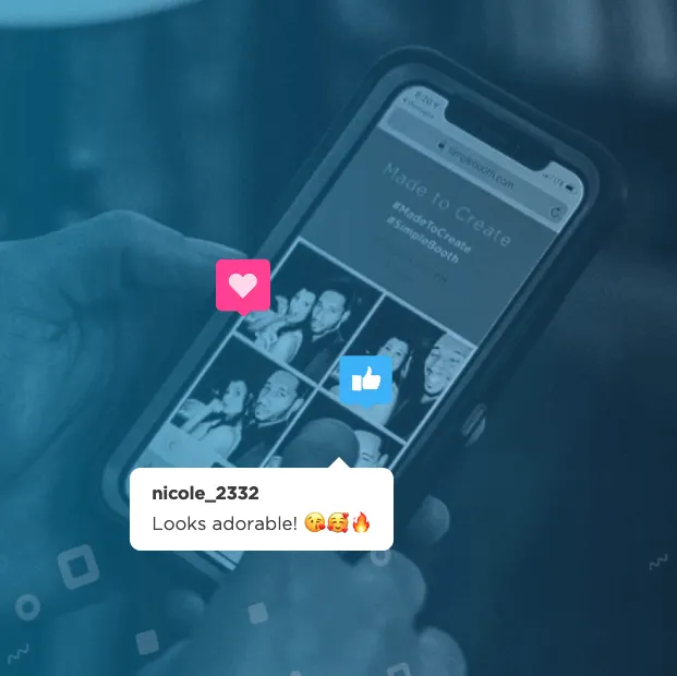 Person holding smartphone showing a photo grid with social media like and heart icons and comment bubble.