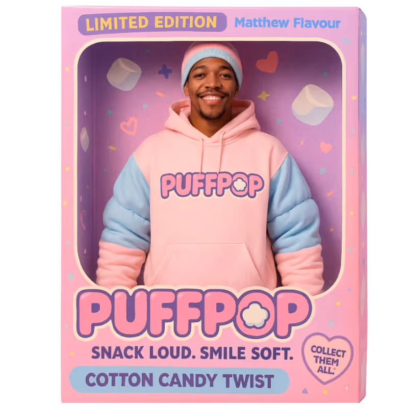Smiling man in pink and blue PuffPop hoodie in a pink box labeled Cotton Candy Twist limited edition.