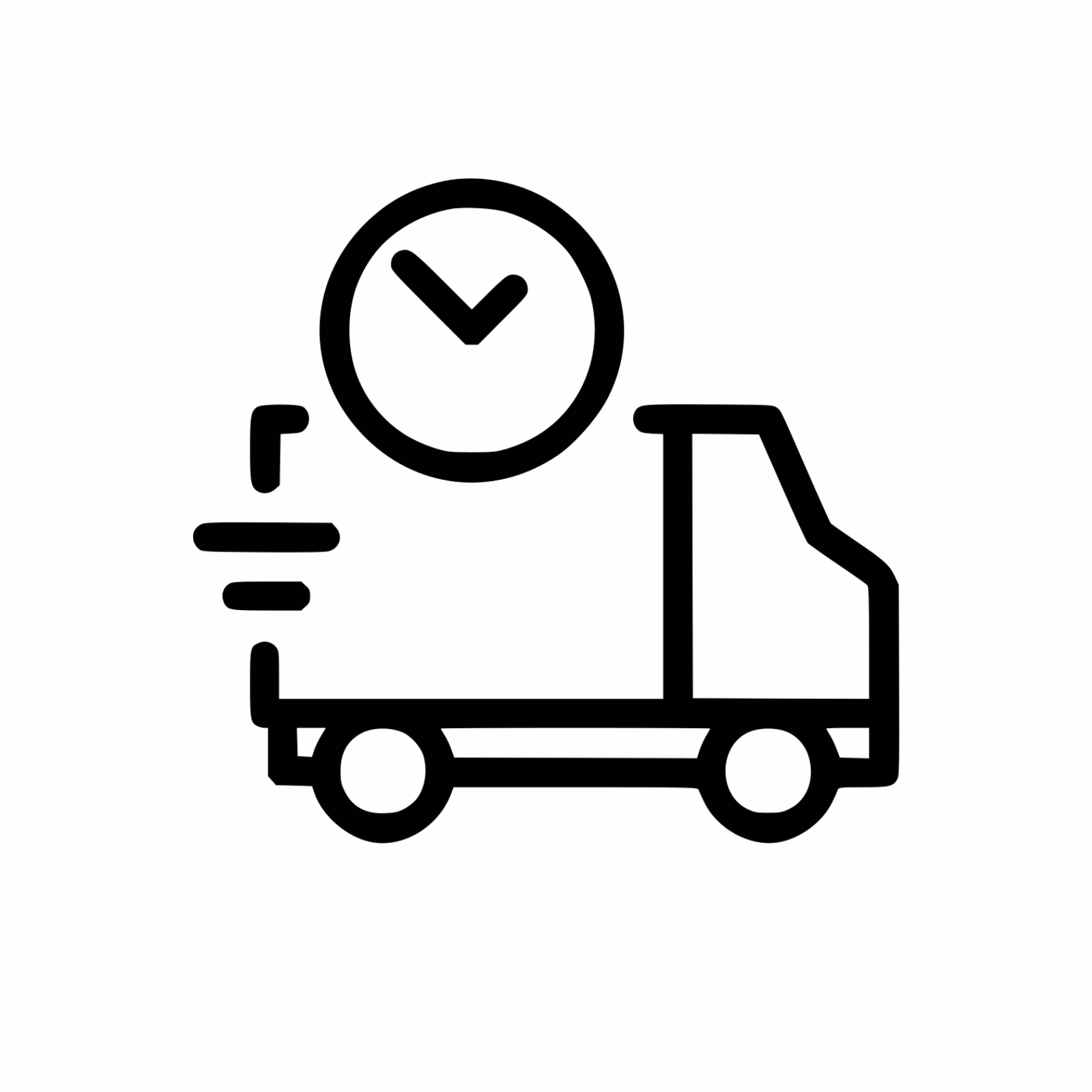Black line icon of a delivery truck with a clock above indicating fast or timely delivery.