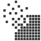 Dark gray grid pixels dissolving into scattered small squares on a white background.
