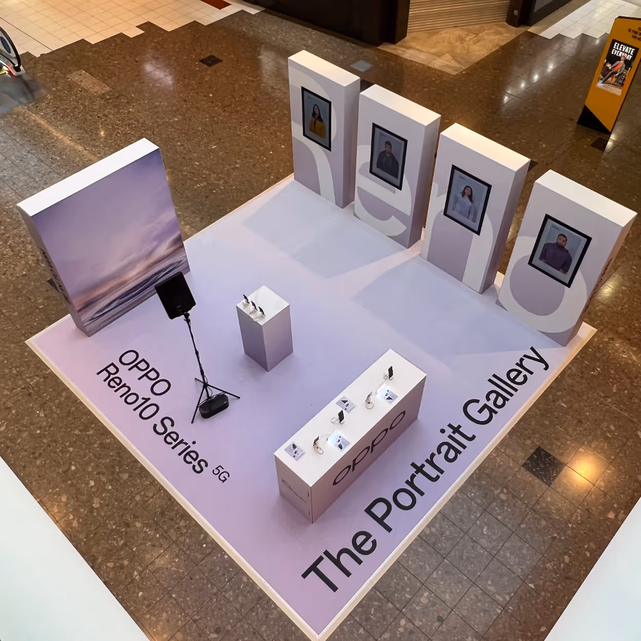 Mall exhibition display for Oppo Reno10 Series 5G phones called The Portrait Gallery.