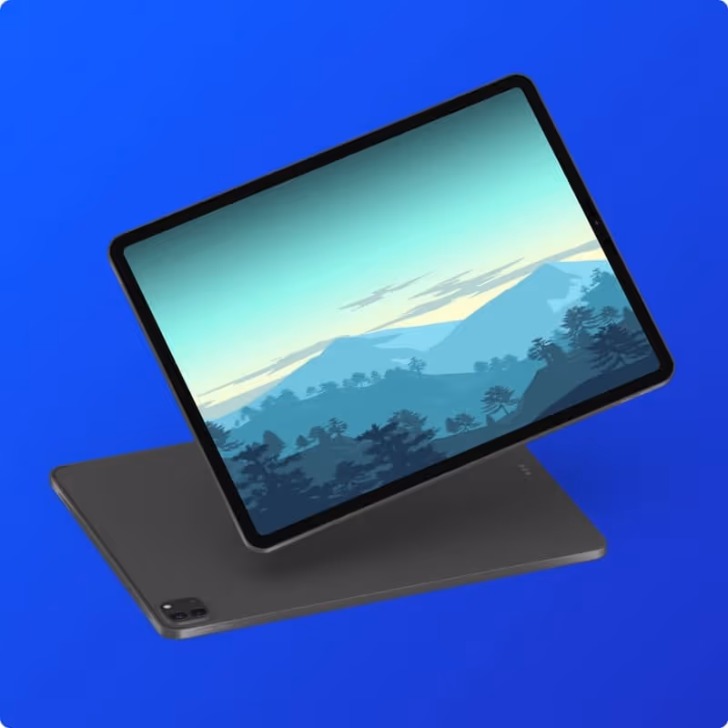 Black tablet floating above another with a serene mountain landscape on the screen against blue background.