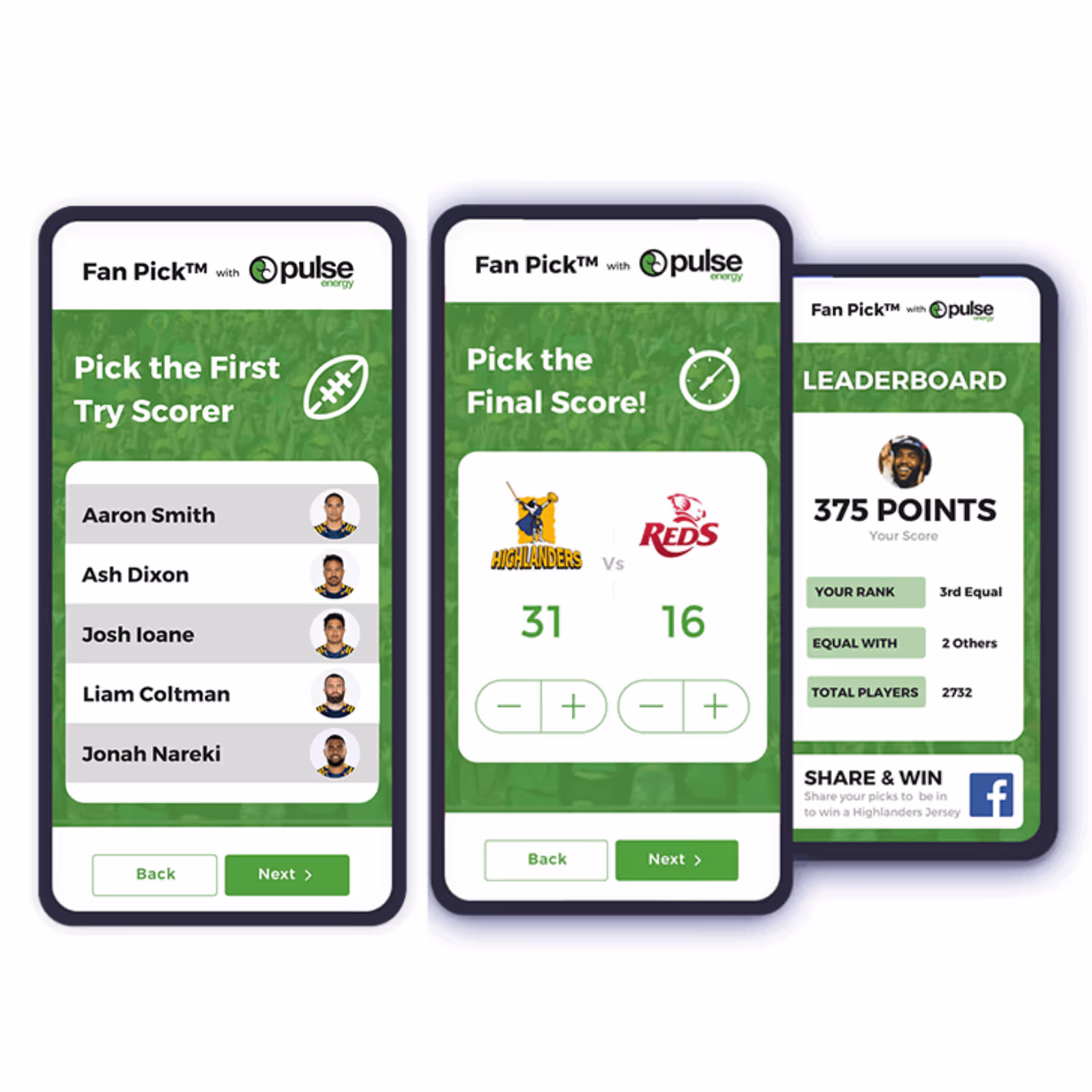 Three phones showing Fan Pick app screens for picking first try scorer, final score, and leaderboard points.